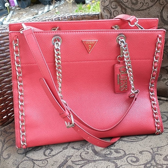 Guess Handbags - GUESS Large Red Leather Chain Crossbody Bag